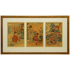 19th Century Watanabe Nobukazu Triptych Japanese Woodblock Print