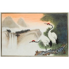 Vintage Two Cranes Original Watercolor on Silk by Poon Tai To