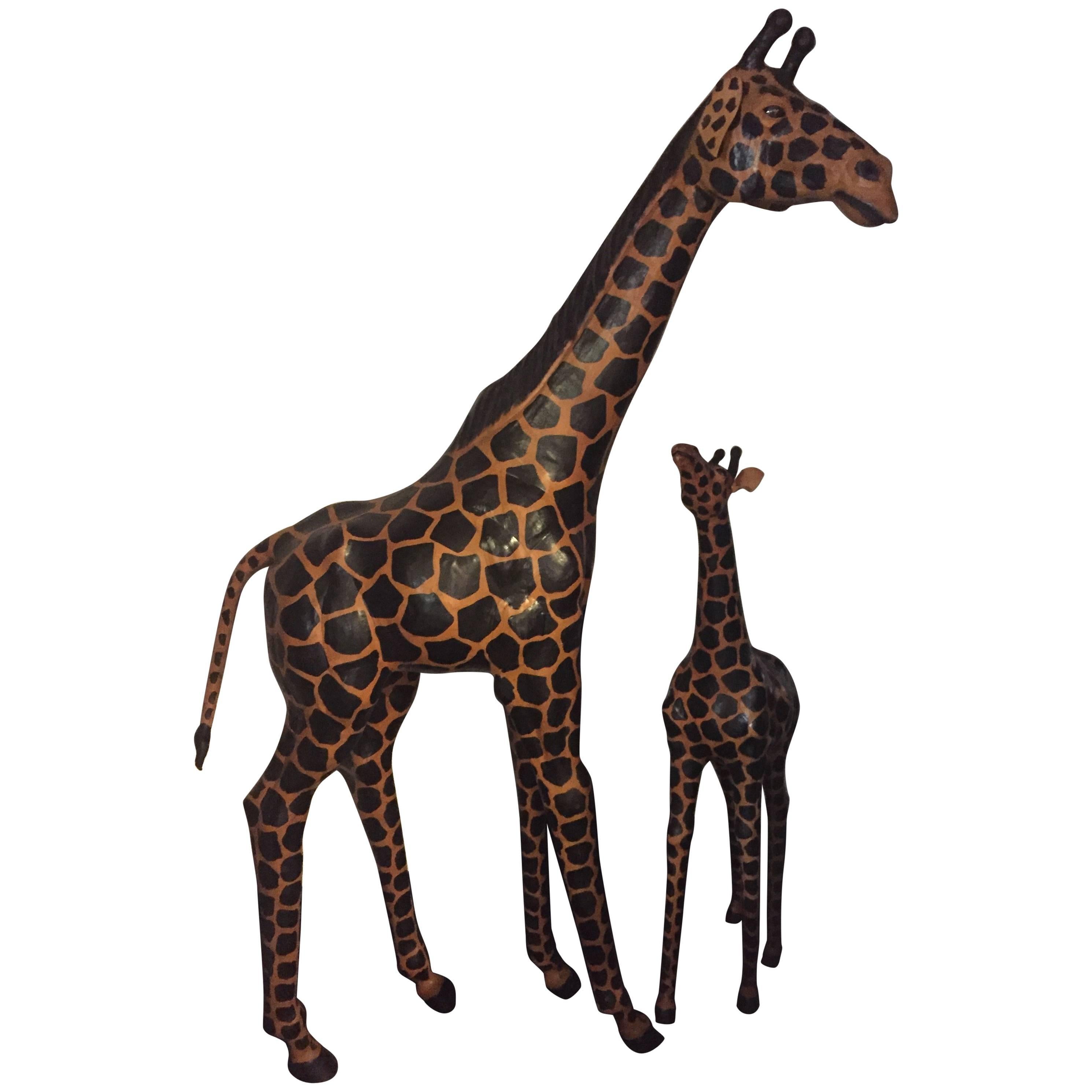 Pair of Life-Size Giraffes Each Made of Painted Leather