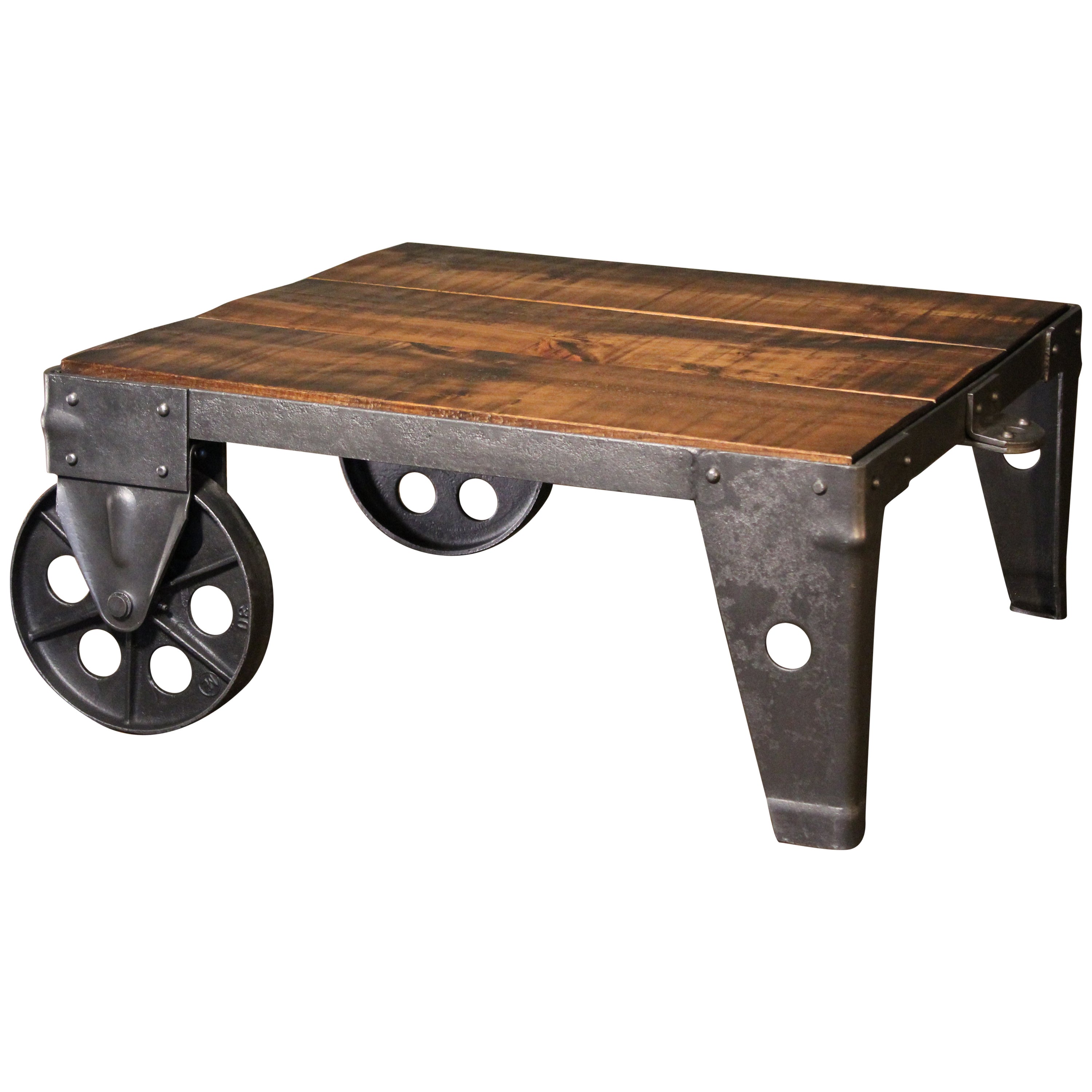 Vintage Industrial Rustic Wood and Cast Iron Factory Coffee Table