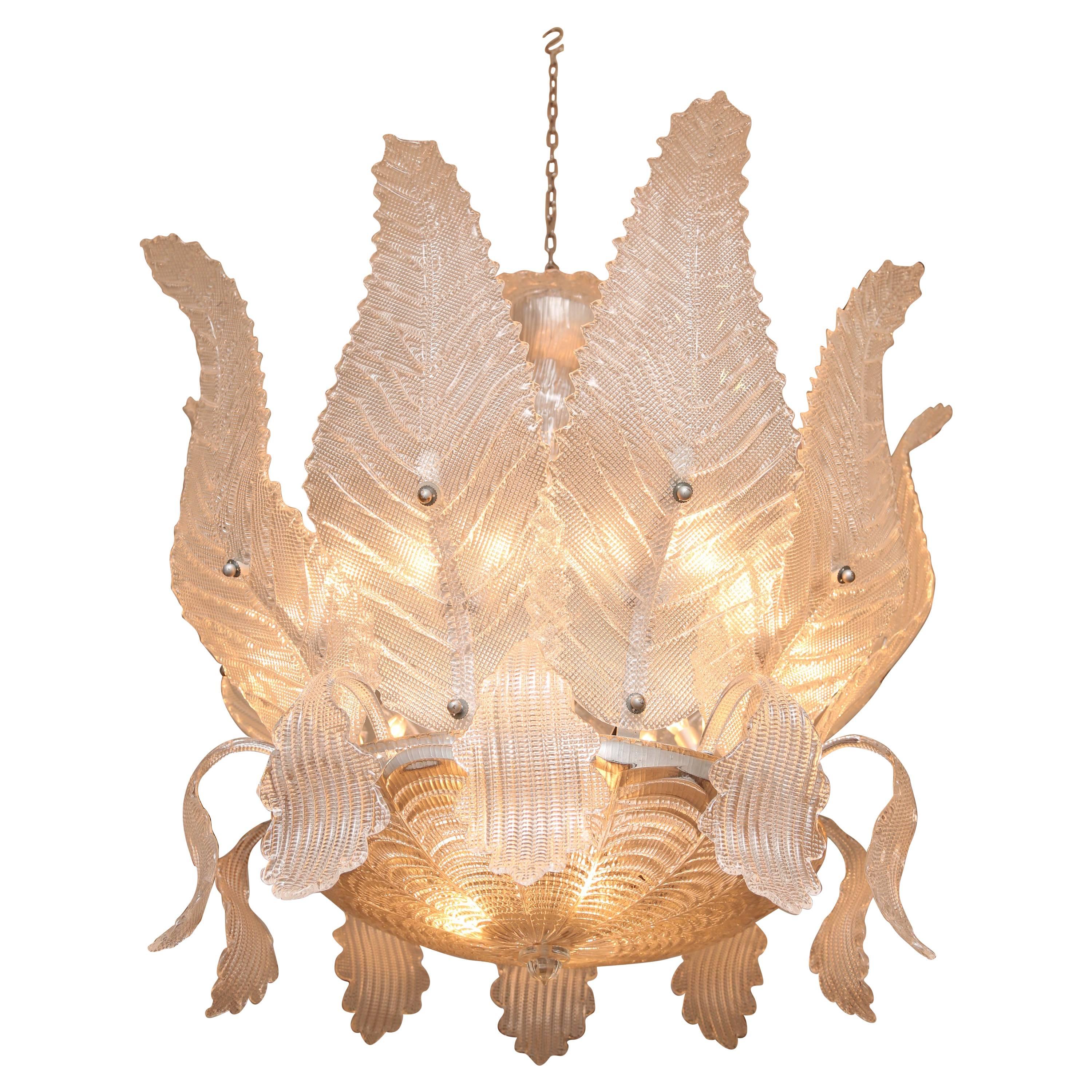 Impressive Italian Murano Glass Chandelier with Large Pluming Leaves For Sale