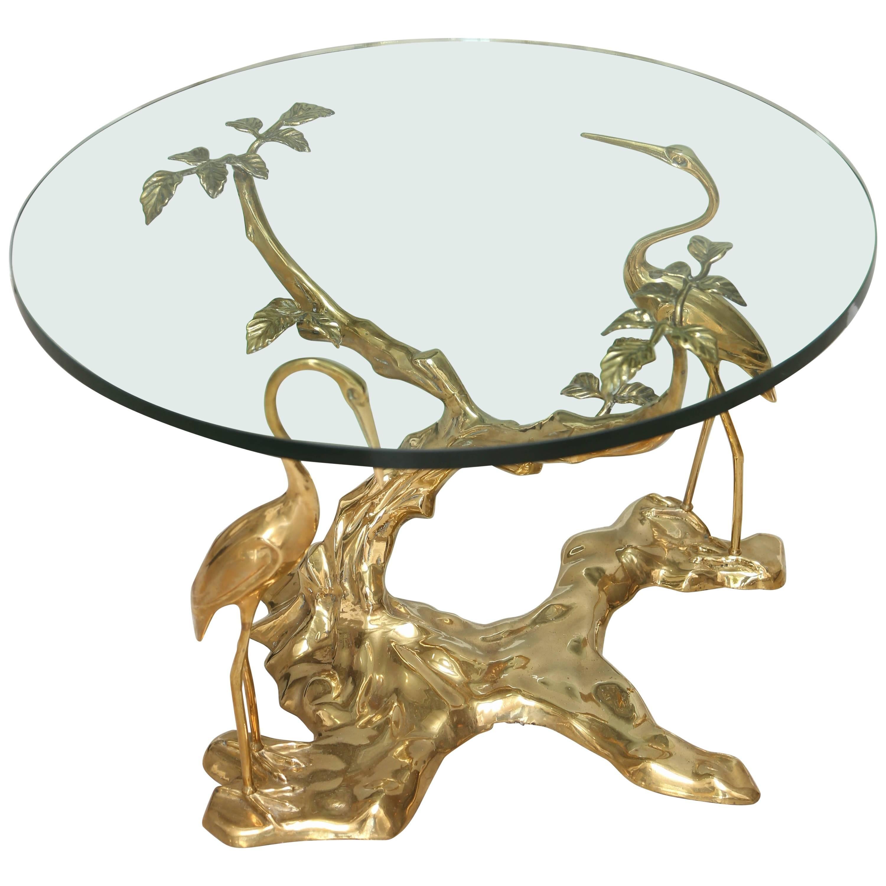 Vintage Polished Bronze Sculptural Side Table with Birds For Sale