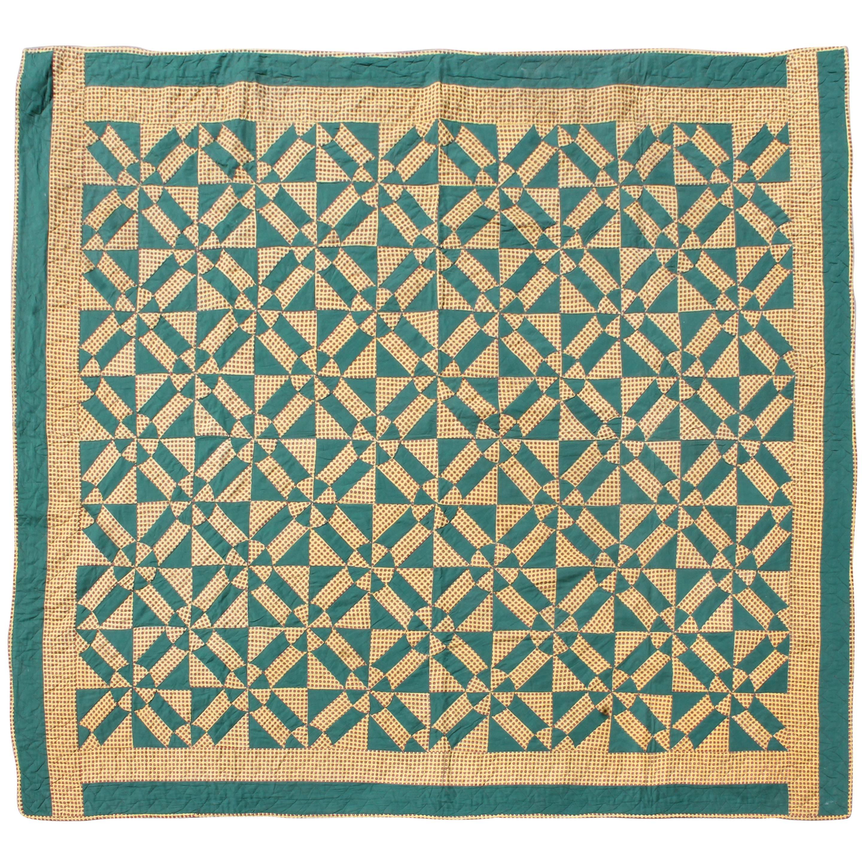 19th Century, Geometric Pinwheels Green and Tan Quilt