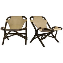 Spectacular Pair of Armchairs by Rohé Noordwolde, Rattan and Beige Linen, 1950s