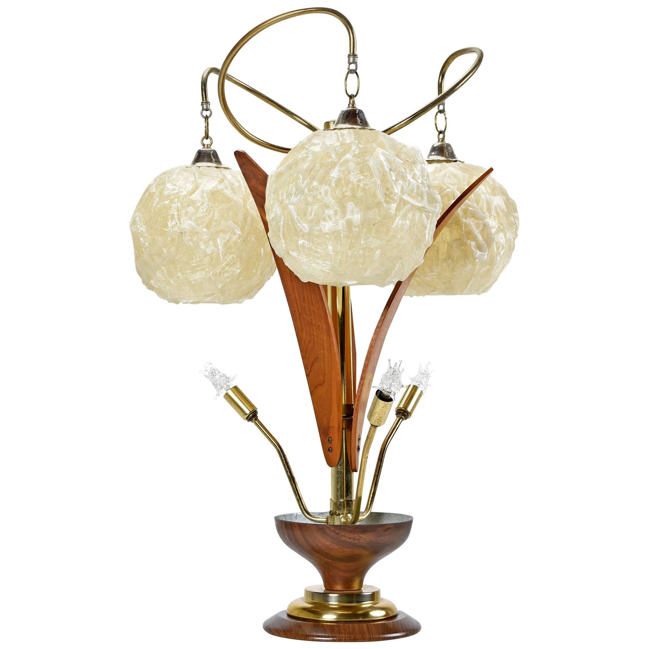 Mid-Century Spun Acrylic Ribbon Teak Petal Sputnik Spaghetti Globe Planter Lamp