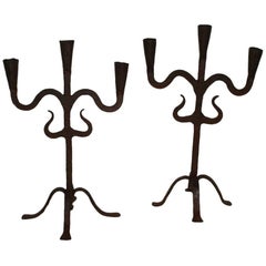 Pair of 18th Century Hand-Forged Iron Candleholders