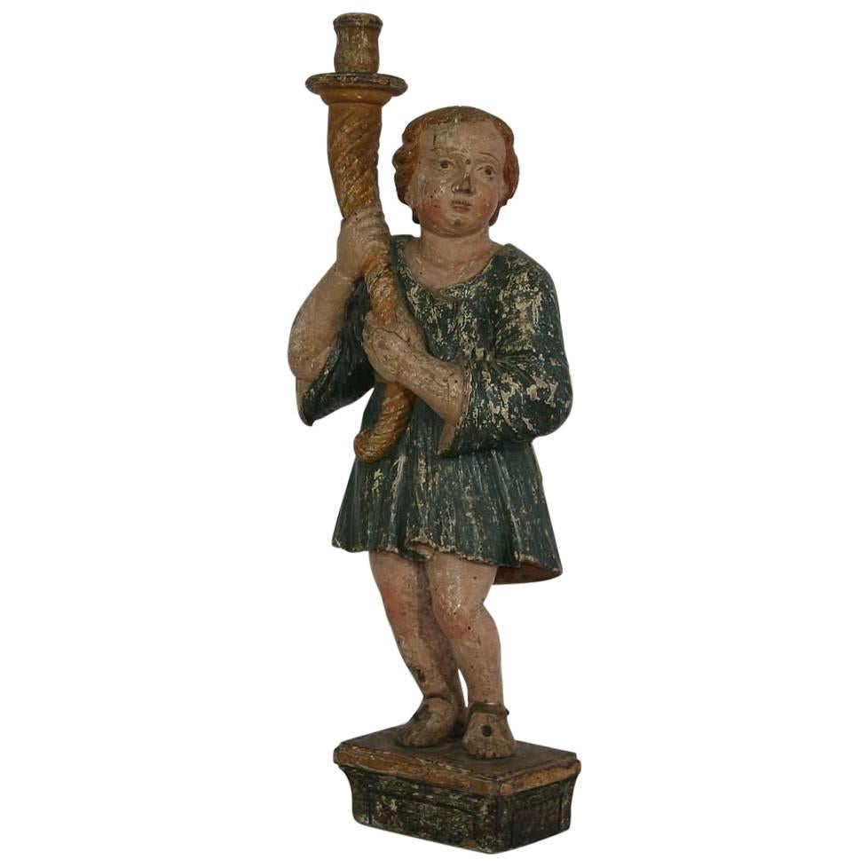 17th Century, Early Baroque Carved Wooden Angel with a Candleholder