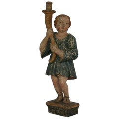 17th Century, Early Baroque Carved Wooden Angel with a Candleholder