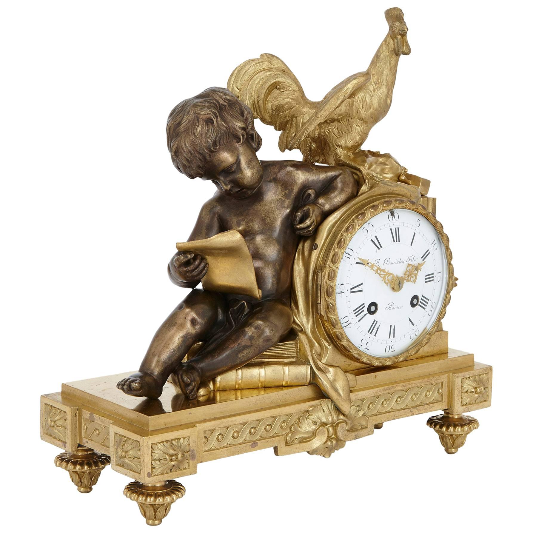 French Silvered Bronze and Ormolu Neoclassical Style Mantel Clock by Beurdeley For Sale