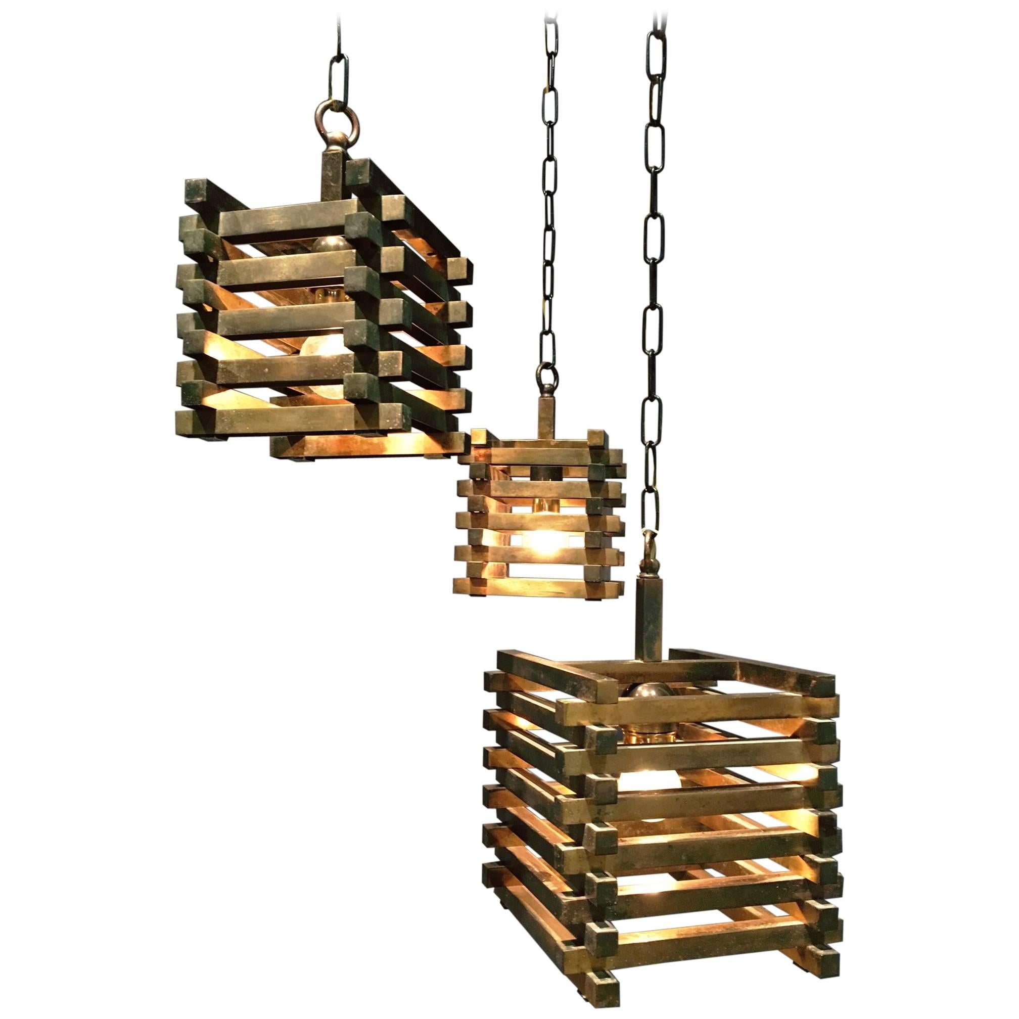 Brass Cube Pendants from the 1970s attributed to Romeo Rega For Sale