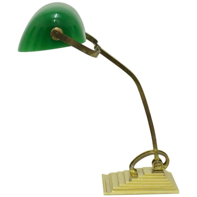 Jugendstil Brass Horax Vintage Table Lamp With Green Glass Shade