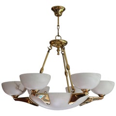 Vintage Art Deco Style Mid-Century Alabaster and Coated Bronze and Brass Pendant