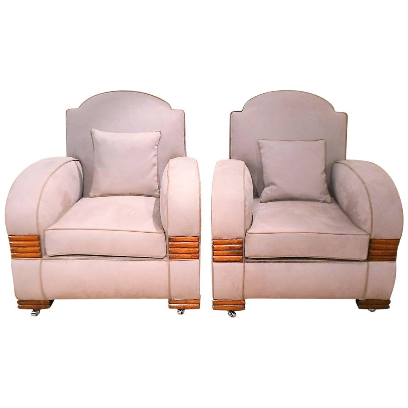 Pair of Art Deco Armchairs with Walnut Detailing