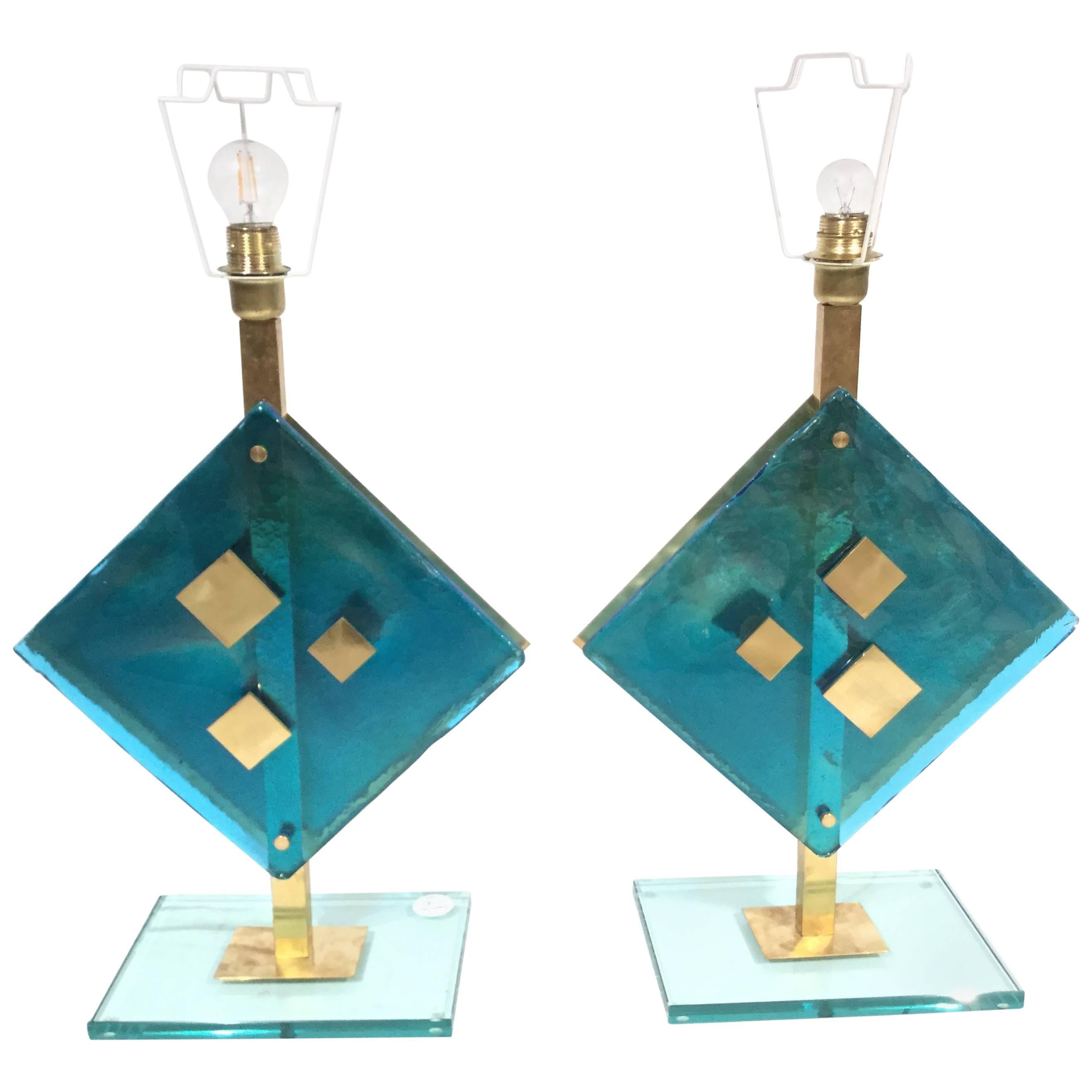 Pair of Decorative Murano Glass and Brass Table Lights by Salviati