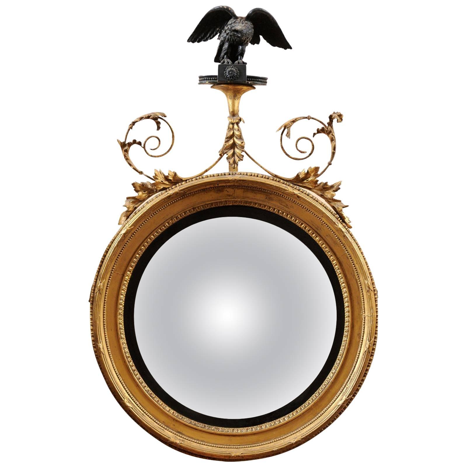 English Regency Giltwood Bullseye Convex Mirror with Eagle Crest, circa 1820