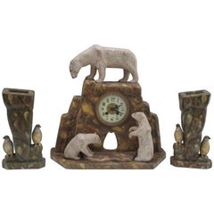 Wood Polar Bears on Mantle Clock with Pair of Penguins on Vases