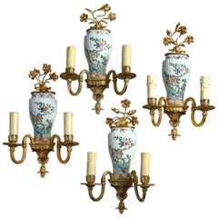 Set of Four of Famille Verte Porcelain and Gilt-Bronze Wall Lights or Sconces