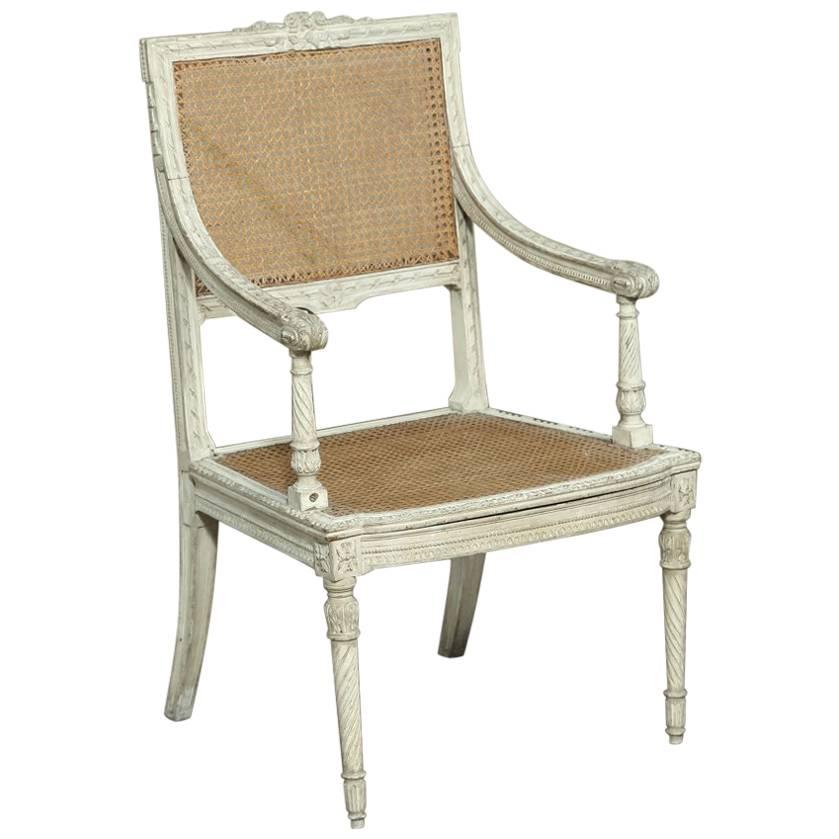 19th Century French Neoclassical Louis XVI Painted Caned Armchair