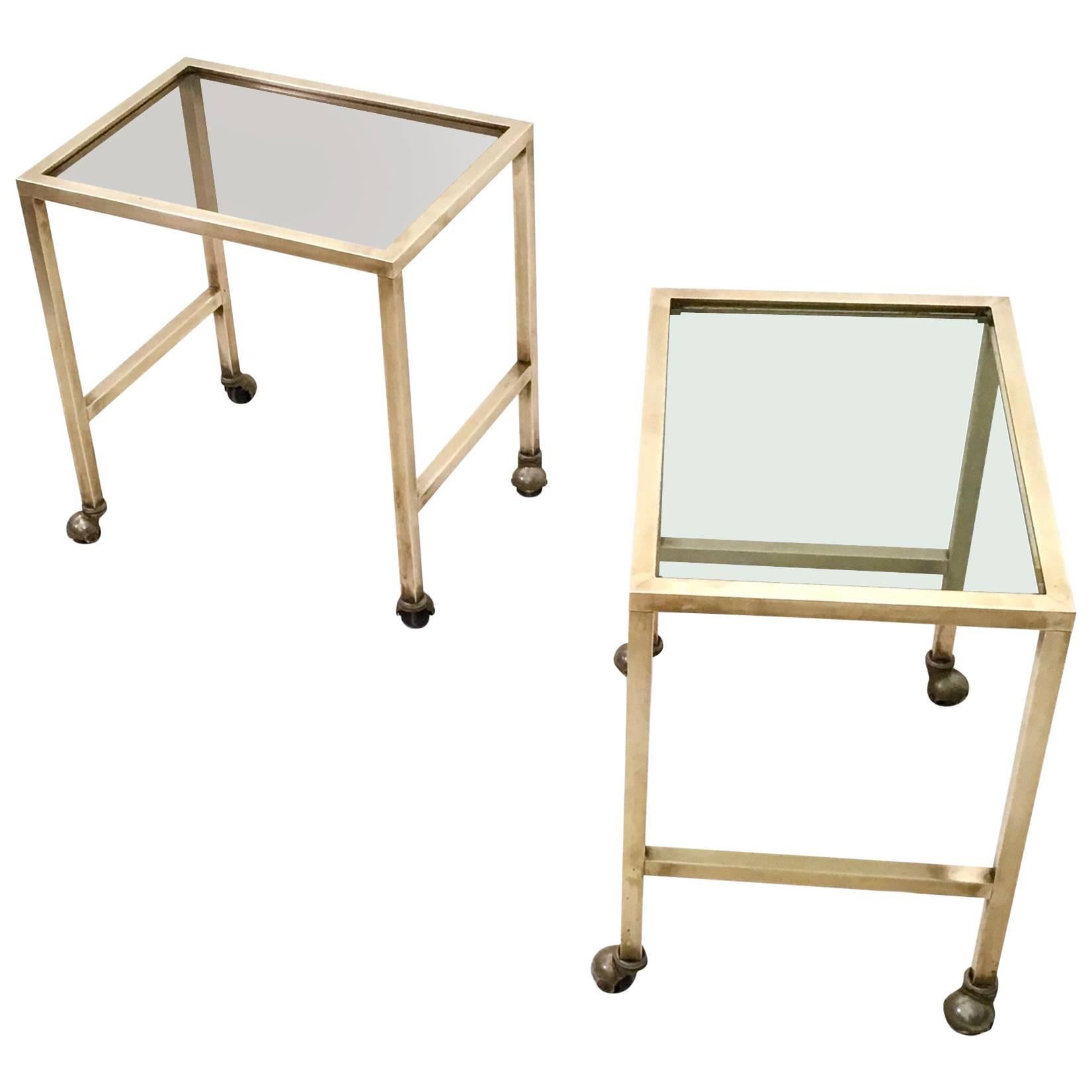 Pair of Brass and Smoked Glass Nightstands on Casters, Italy, 1970s