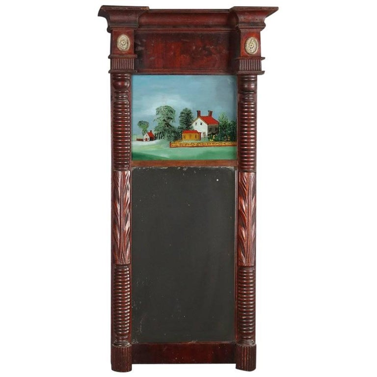 Antique Federal Flame Mahogany Reverse Painted Wall Mirror, 19th