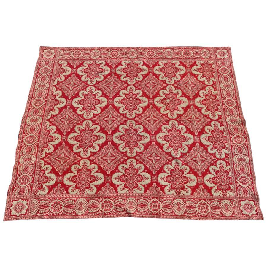 Antique Loom Woven Red and White Floral Jacquard Coverlet, 19th Century