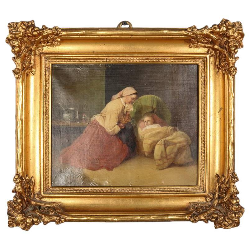 Antique Oil on Canvas Colonial Mother and Child in Giltwood Frame, 19th Century