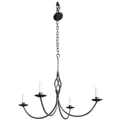 Contemporary Four-Arm Black Iron Chandelier, American
