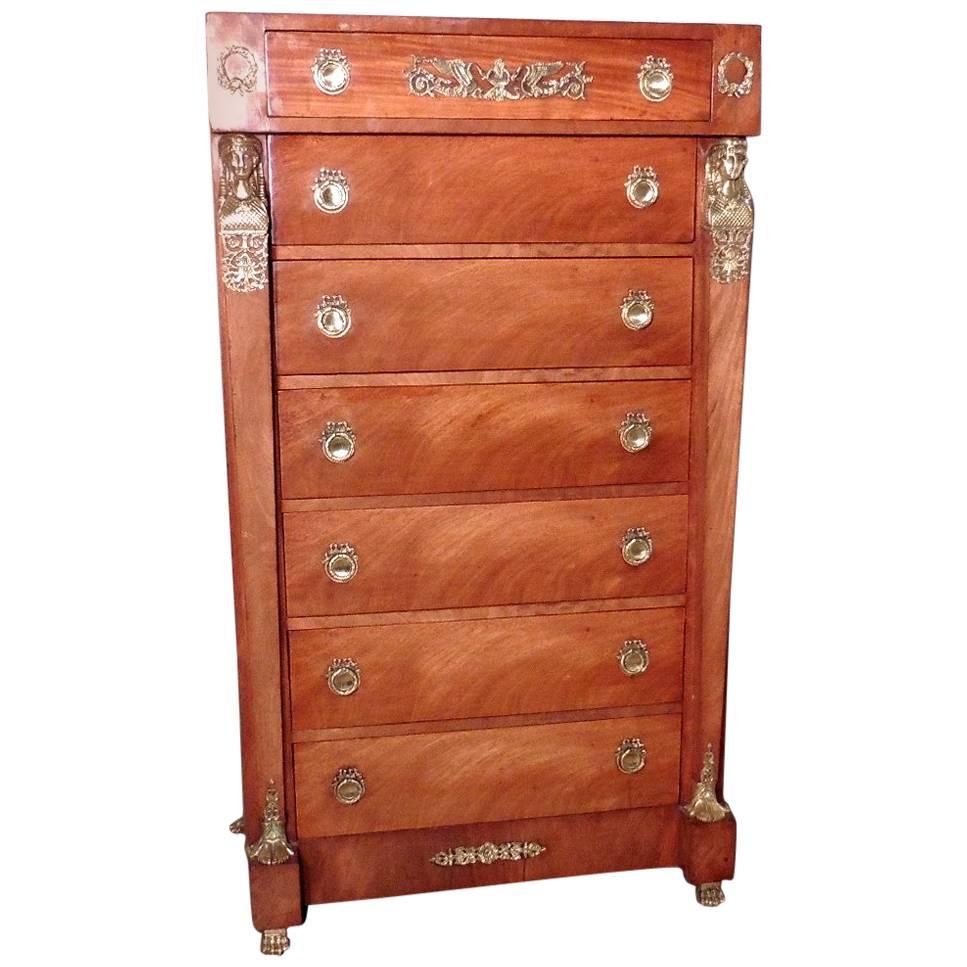 Tall French Art Deco Walnut Chest of Drawers in the Neoclassical Style