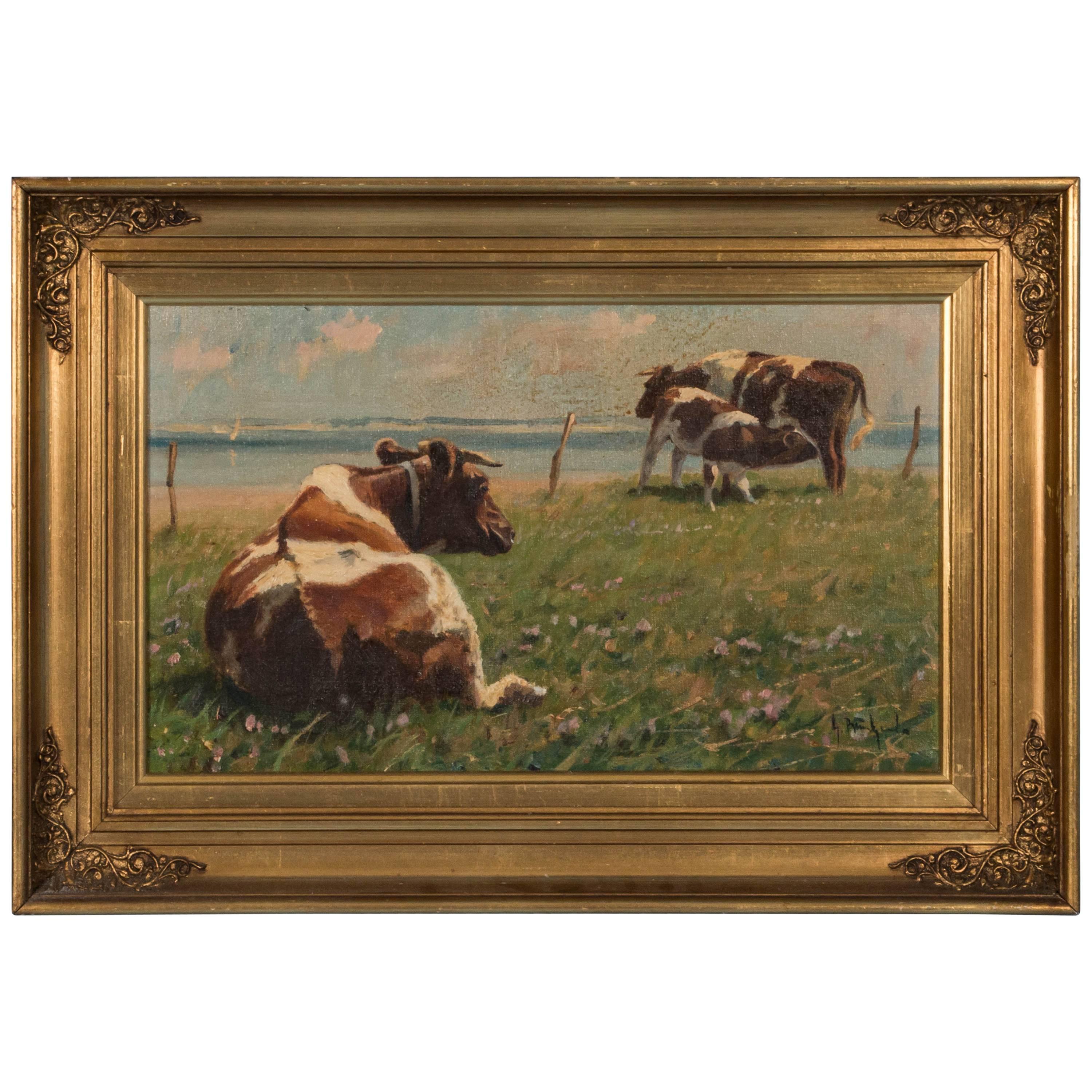 Original Pastoral Landscape Oil Painting with Cows by Gunnar Bundgaard