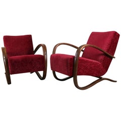 Red Pair of Halabala Lounge Chairs