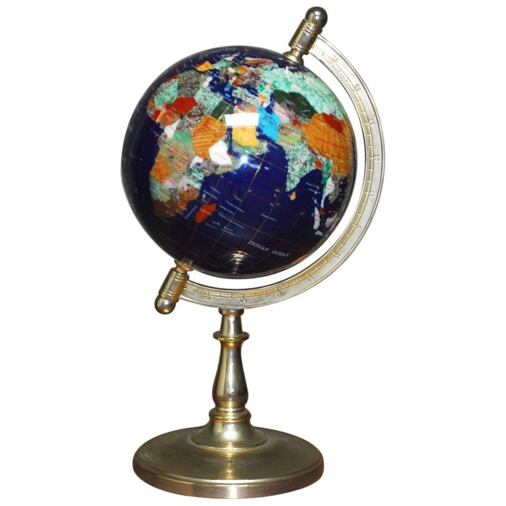Pietra Dura Globe on Silvered Brass Stand