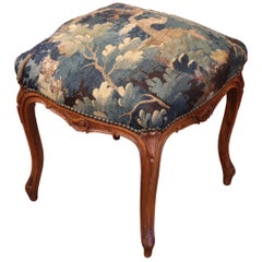 19th Century French Louis XV Walnut Stool with 18th Century Aubusson Tapestry