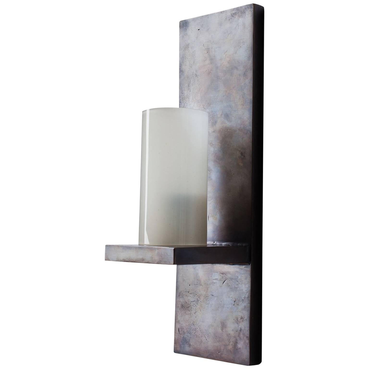  Contemporary Cast Bronze Wall Sconce With Opaque Glass Cylinder  For Sale