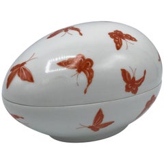 Vintage 1980s Mottahedeh White Porcelain Egg Shaped Dish with Orange Butterfly Motif