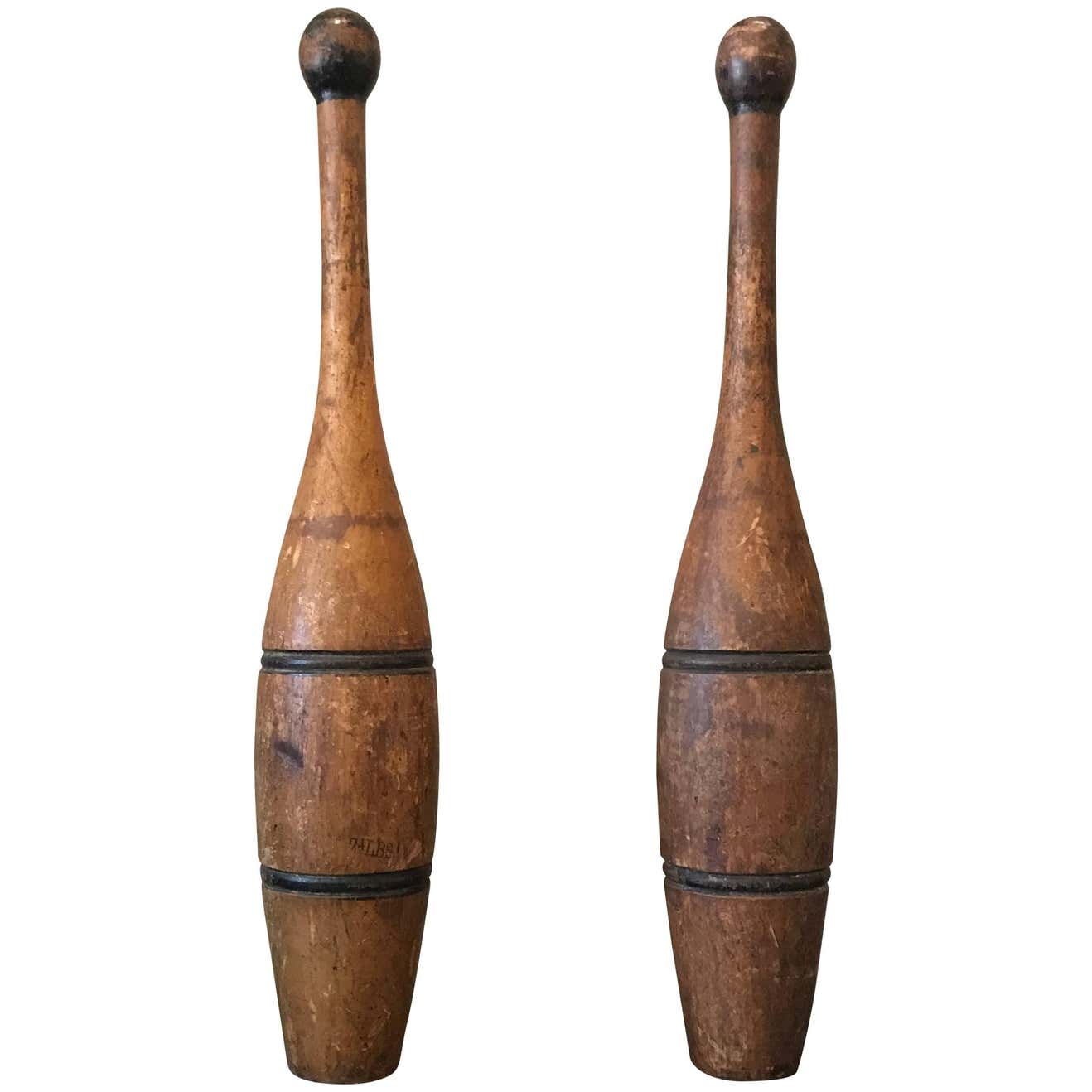 Pair of Patinated Maple Juggling Pins For Sale at 1stDibs