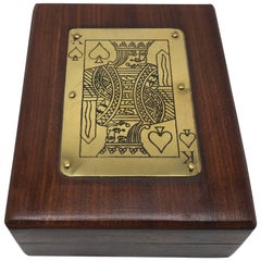1960s, Walnut and Brass 'King of Hearts' Playing Card Box with Deck of Cards