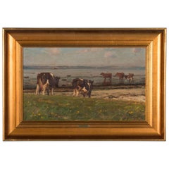 Original Seascape Oil Painting with Cows by Gunnar Bundgaard