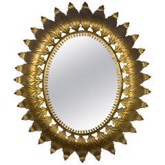 Oval Spanish Gilt Metal Mirror with Leaf Design 