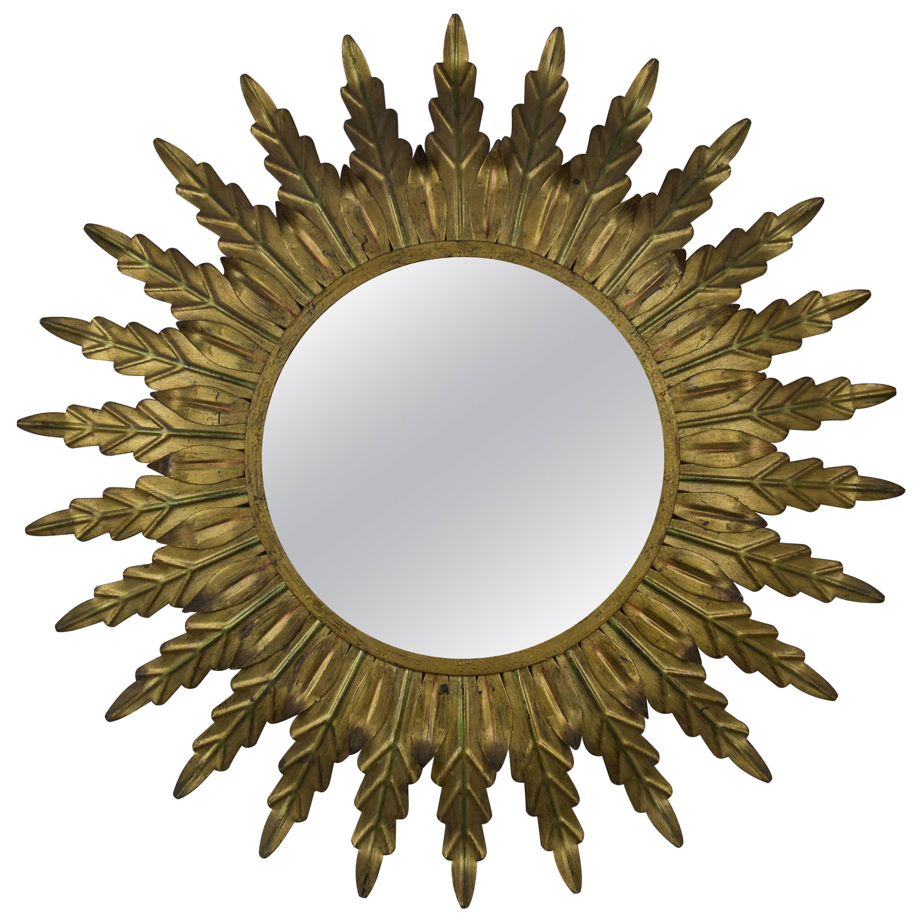 Gilt Metal Sunburst Mirror with Radiating Leaves