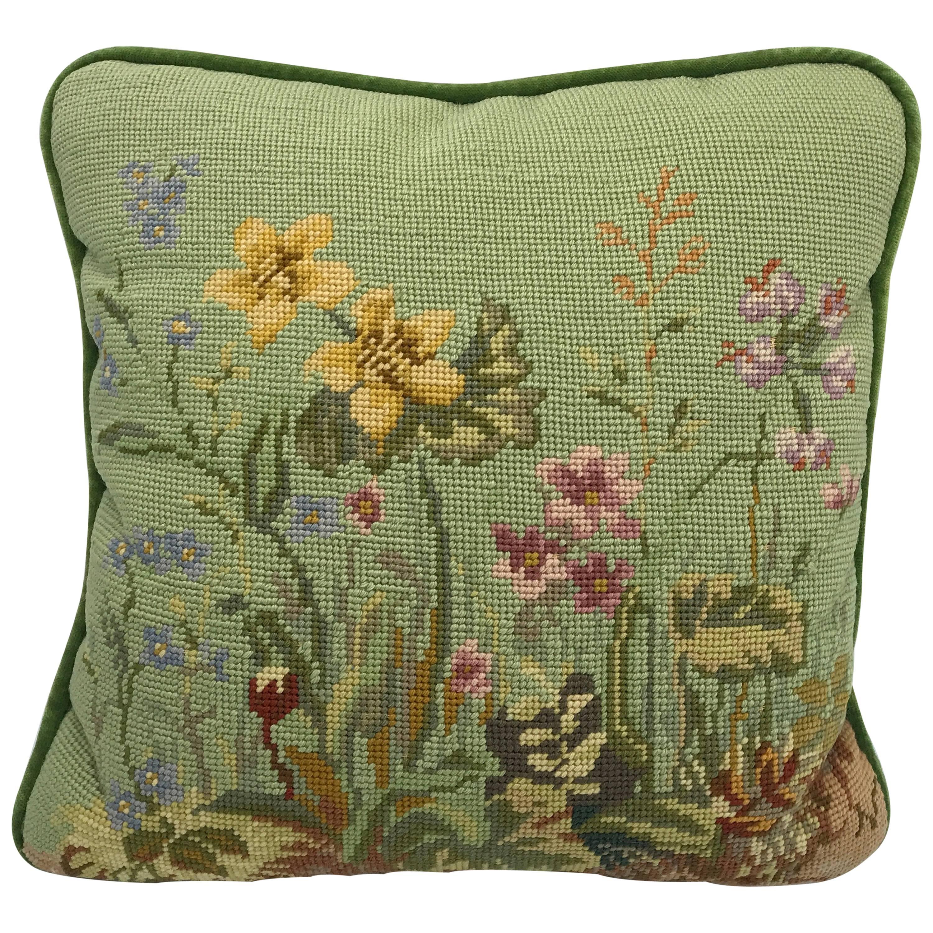 1950s Green Needlepoint Pillow with Floral Motif