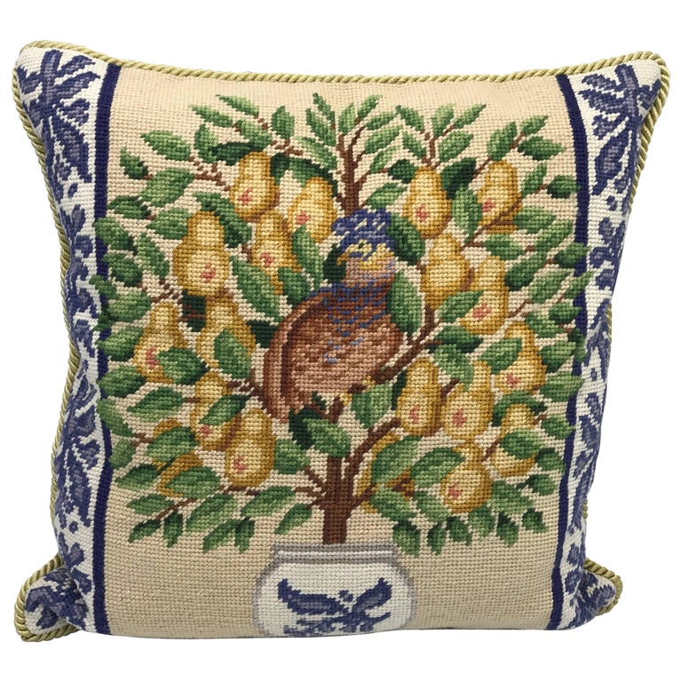 Needlepoint Partridge and Pear Tree 16x16 Decorative Pillow at 1stDibs
