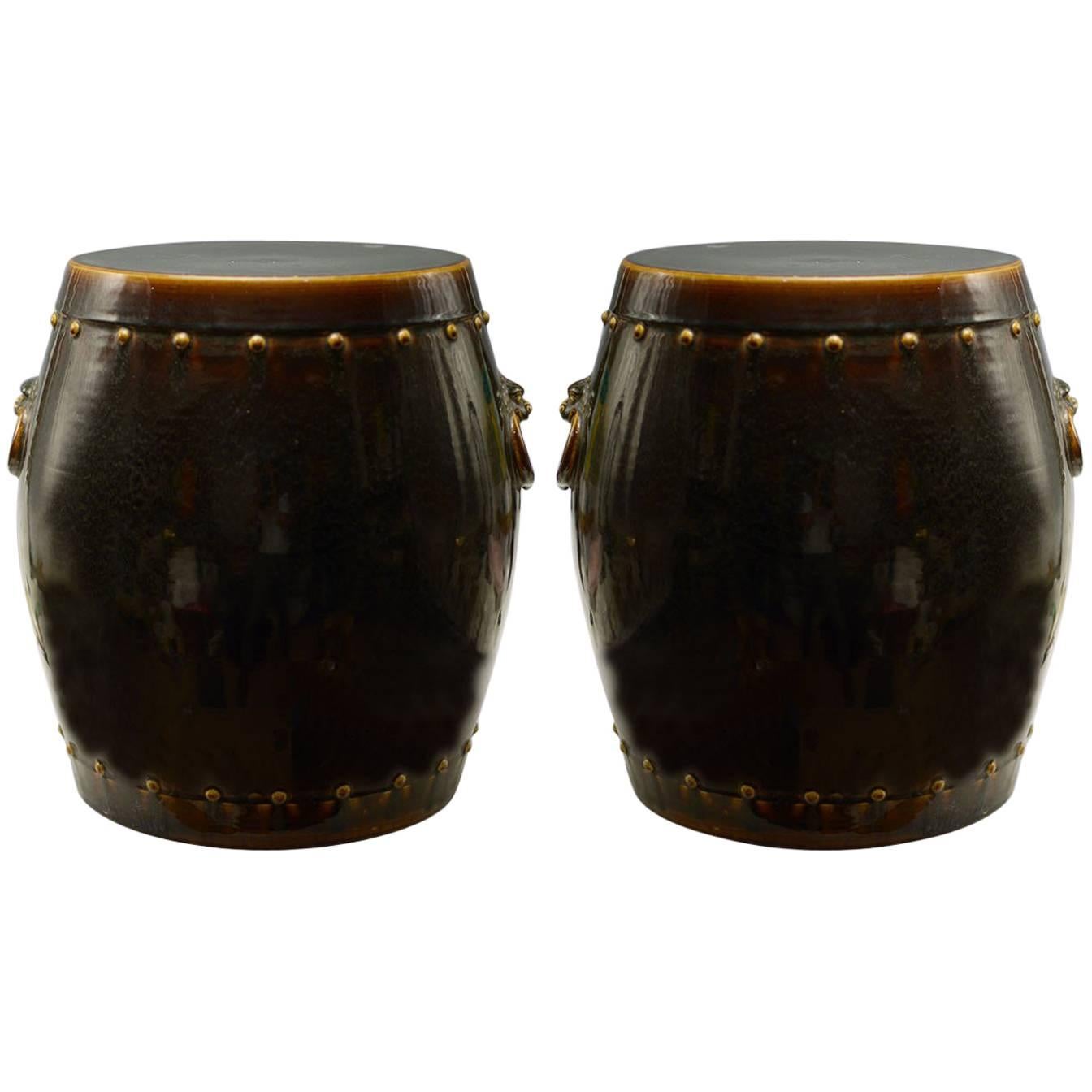 Pair of Dark Brown Porcelain Stools For Sale
