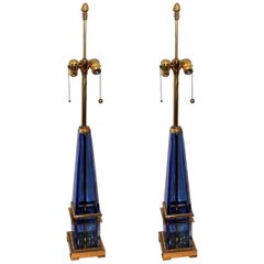 Mid-Century Modern Pair Murano Blue Art Glass Brass Bronze Obelisk Marbro Lamps 12