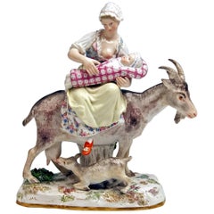 Antique Meissen Wife of Tailor Riding on Goat Model 155 Eberlein Kaendler, circa 1860