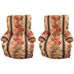 Pair of Over-Stuffed Lounge Chairs with Down Cushions Signed Ramms Fabric