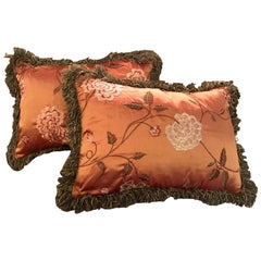 Pair of Coral Silk Decorator Pillows with Down and Feather
