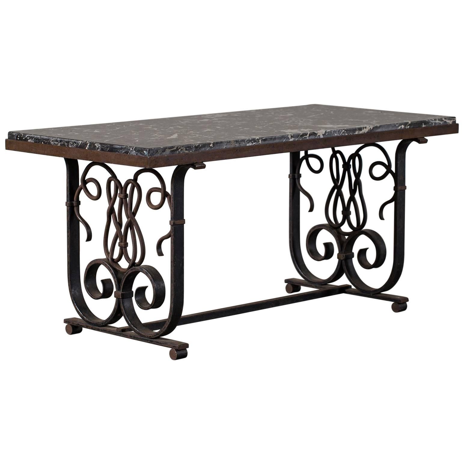 Vintage French Art Nouveau Iron and Marble Coffee Table, circa 1920