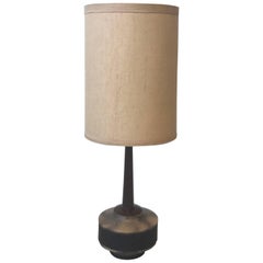 1960s, Large Wood and Faux Leather Lamp with Burlap Linen Shade