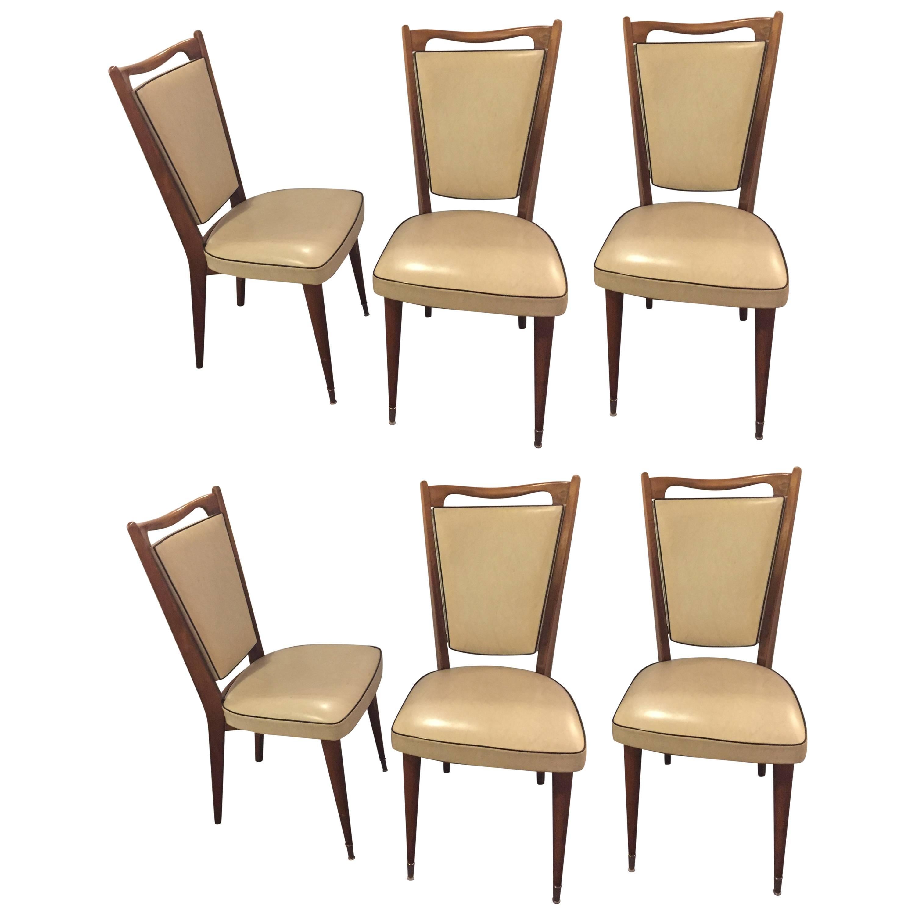 Set of Six Mid-Century Modern Gio Ponti Style Dining Chairs High V-Shaped Backs
