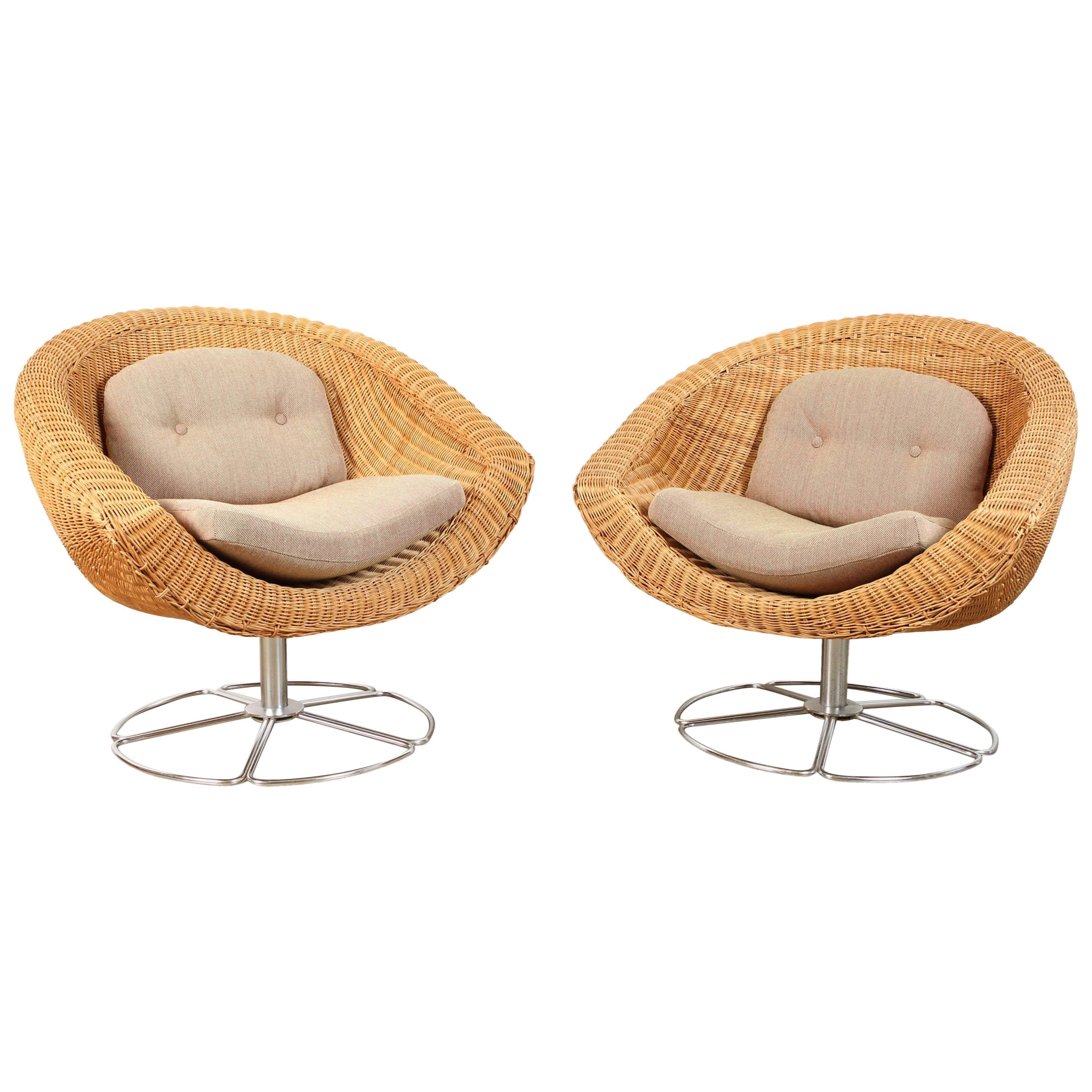 Pair of Vintage Wicker Swivel Chairs For Sale